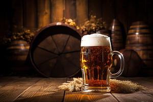 Glass mug of beer with wheat ears on wooden table, a Food & Drink Photo by AlyaAnd