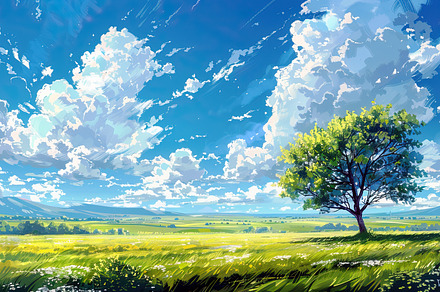 Lush green field under blue skies wi, a Photo by LOGOCREATIVE