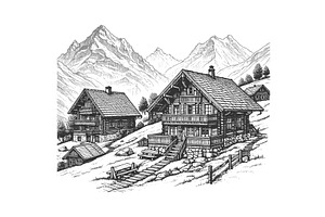 Alpine Village with Mountains and, an Illustration by AlexArt