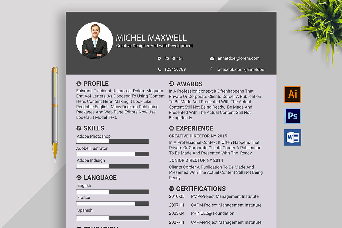Clean Resume/CV design Template, a Resume Template by designvillage (Photo 1 of 13)