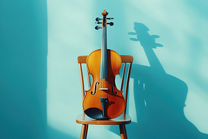 Violin on the chair on blue color background, an Arts & Entertainment Photo by AlyaAnd
