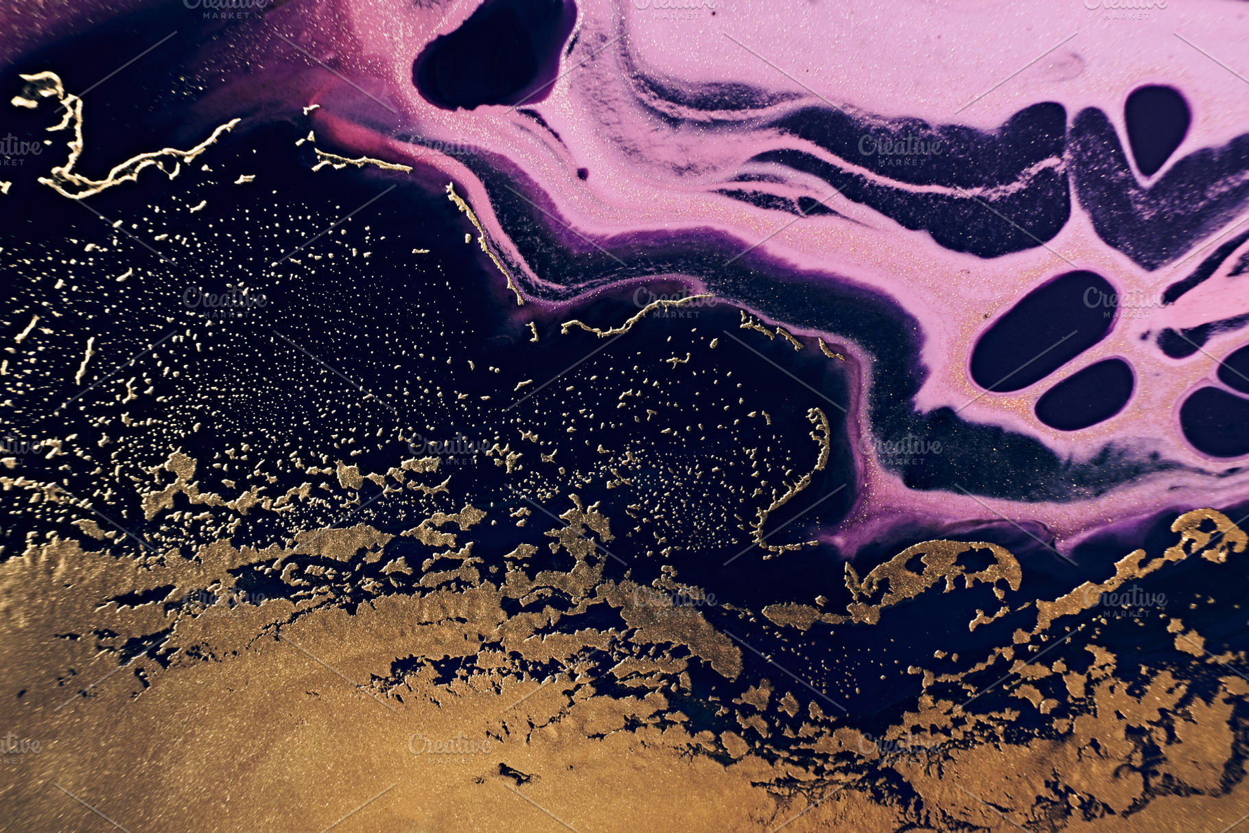 Fluid Art. Golden metallic, black and pink wriggling waves. Marble effect backg, an Abstract Photo by colnihko