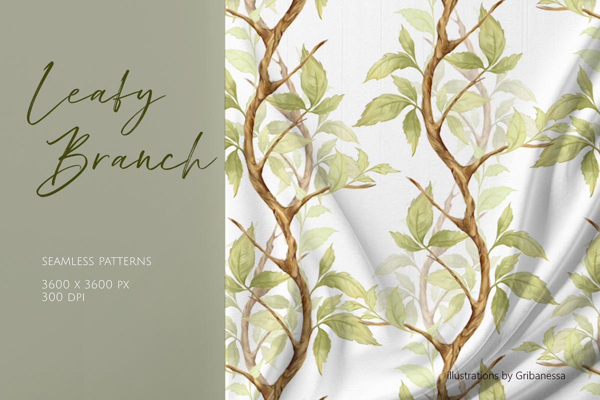 Green leafy seamless patterns, a Decorative Illustration by Gribanessa (Photo 1 of 5)