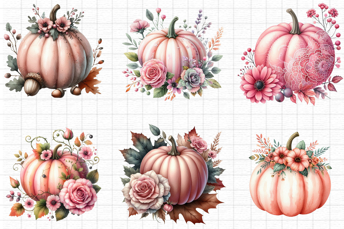 Fall Pink Floral Pumpkin Clipart, an Illustration by cherrydesign (Photo 2 of 4)
