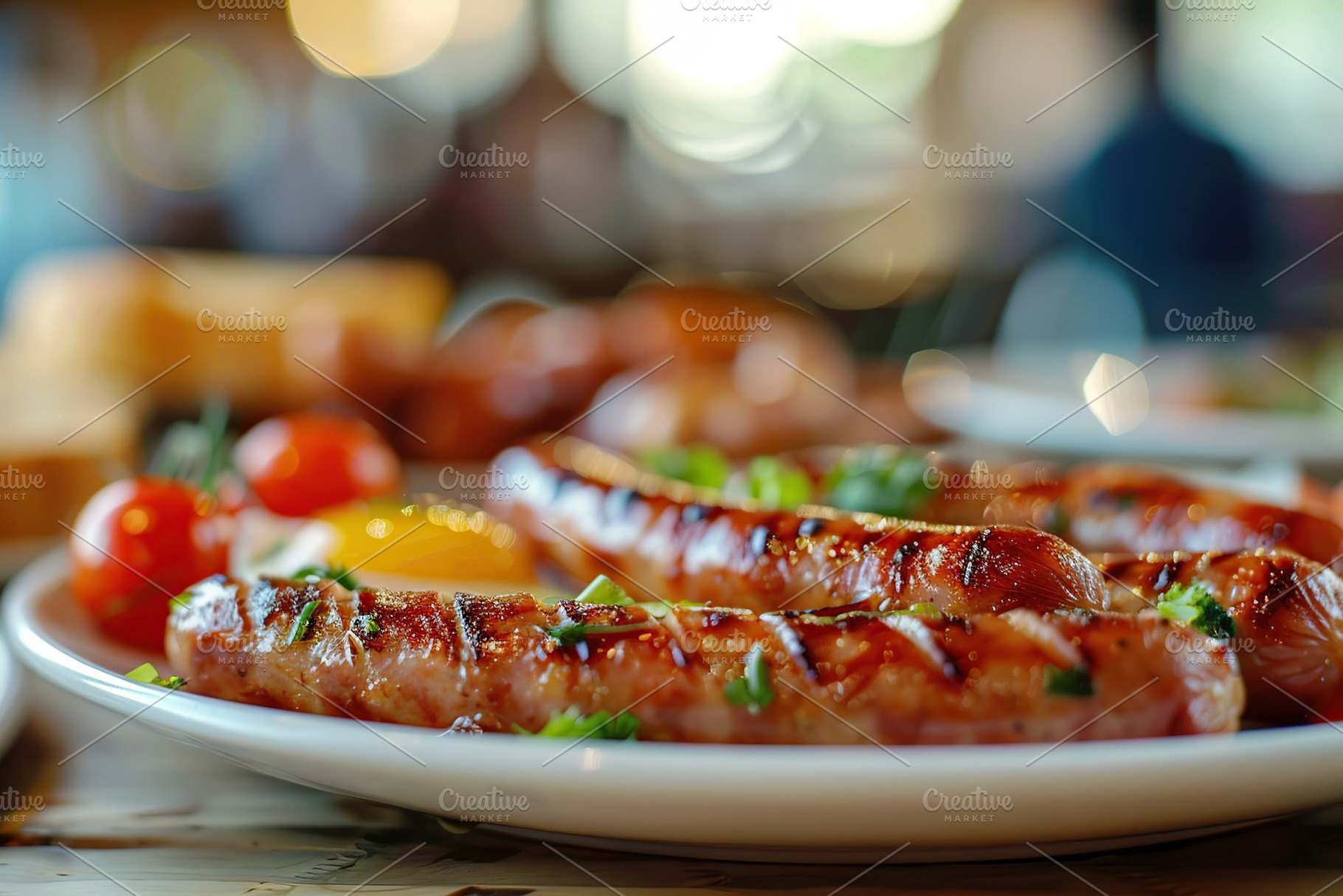 Tasty english breakfast with sausages, eggs, vegetables on the table, a Food & Drink Photo by AlyaAnd