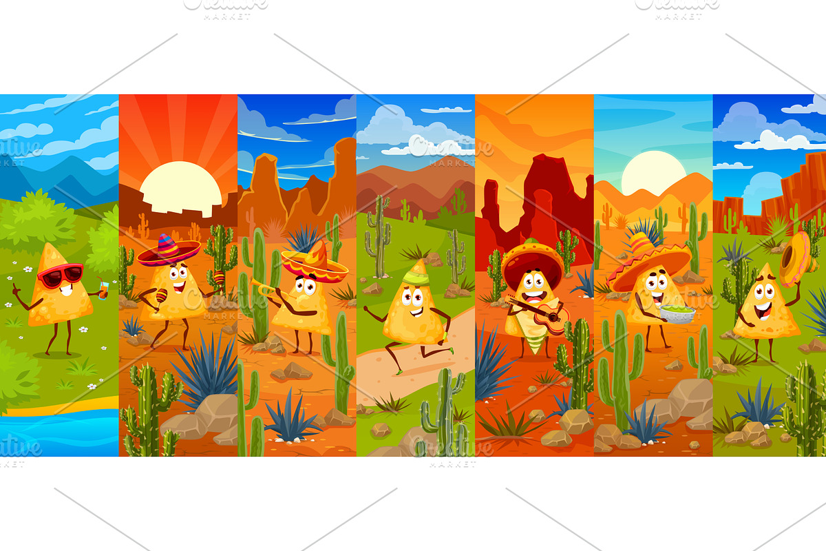 Mexican nachos chip characters, a Food Illustration by Vector Tradition