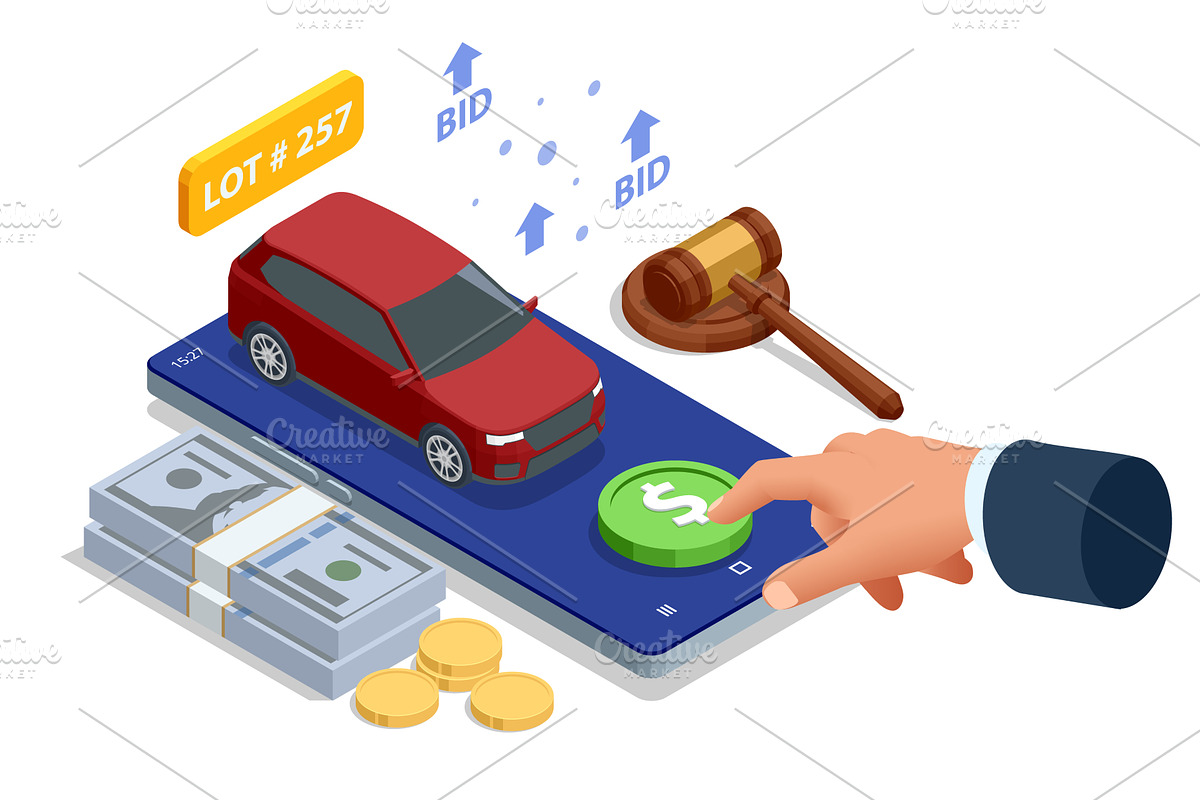 Isometric smartphone with red car, a Finance Illustration by Golden Sikorka