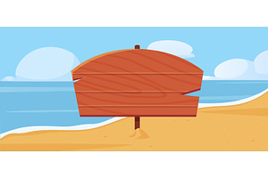 Giant wooden billboard on beach. Sea, an Illustration by LadadikArt