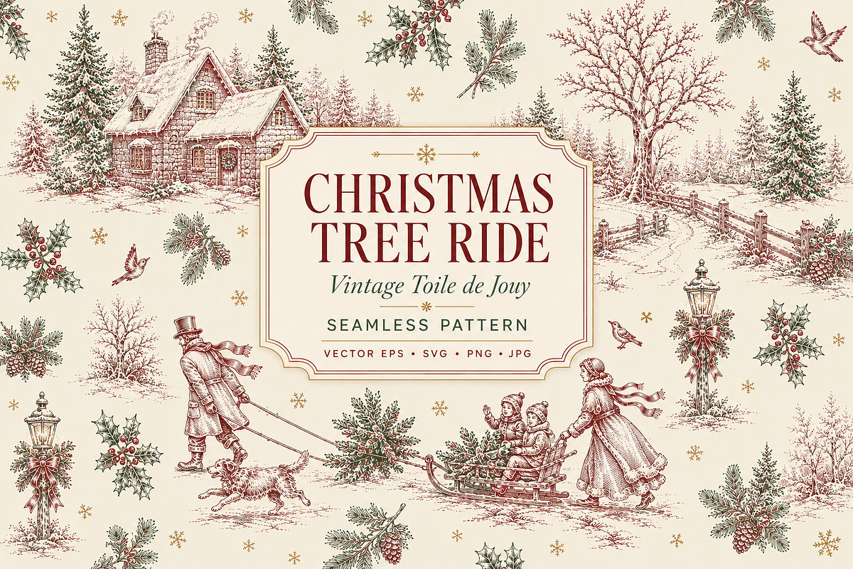 Vintage Christmas Tree Ride Seamless, a Pattern Graphic by Olya Creative (Photo 1 of 7)