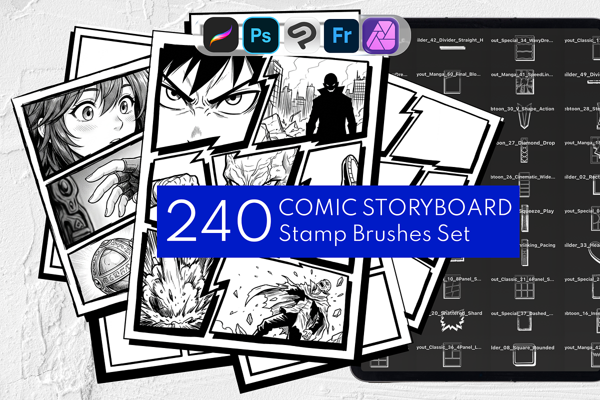 Comic Storyboard Procreate Stamps, a Brush Add-On by Selentaori Studio (Photo 1 of 11)