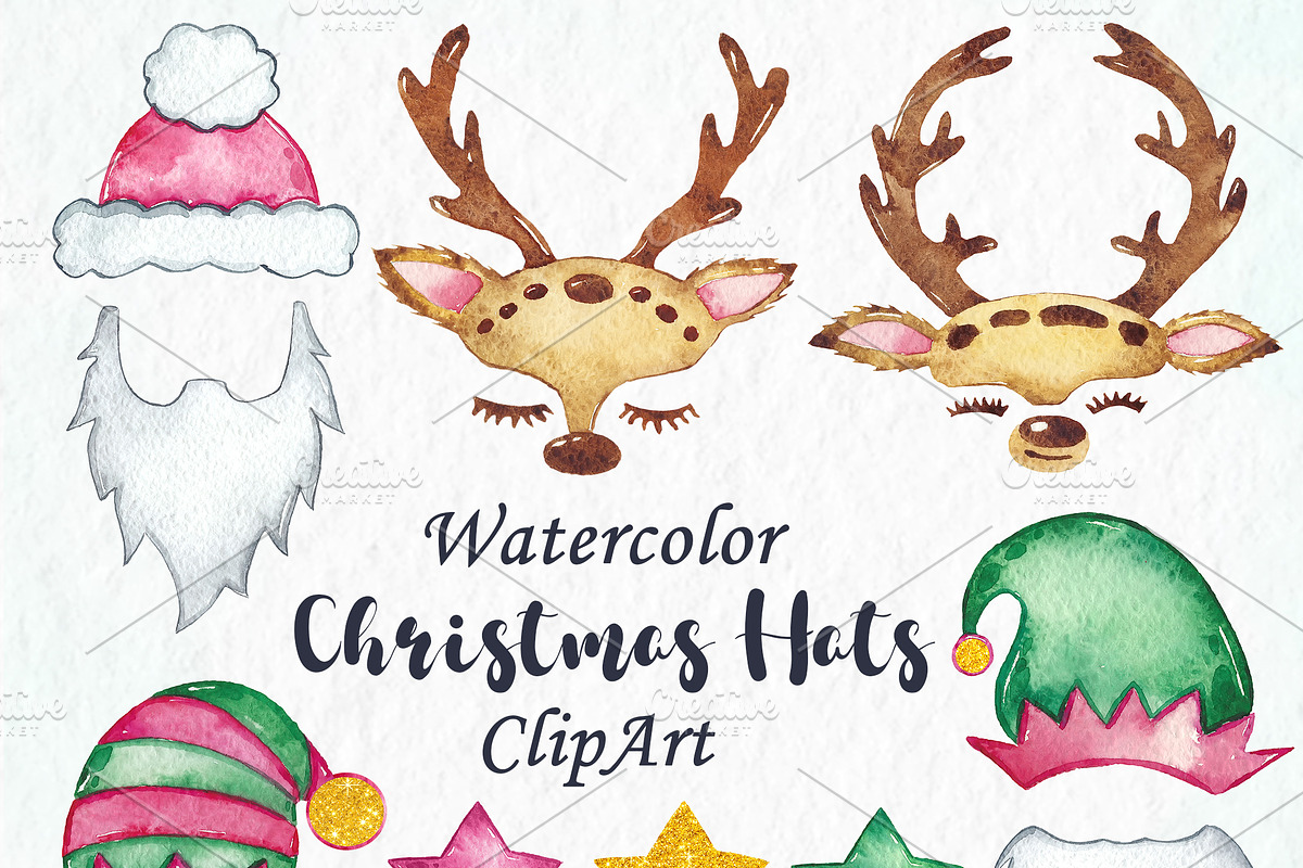 Christmas Hats Clipart, Watercolor, an Animal Illustration by PassionPNGcreation (Photo 4 of 4)