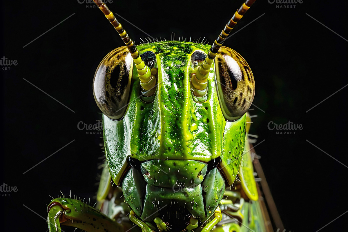 Green grasshopper frontal closeup showing textured head and ante, an Animal Photo by GoodGoods (Photo 1 of 2)