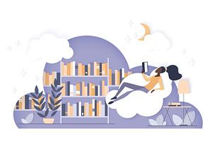 Woman reading book cloud library, an Education Illustration by Lemberg Vector
