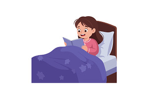 A young girl reading a book in bed w, an Illustration by designvectx