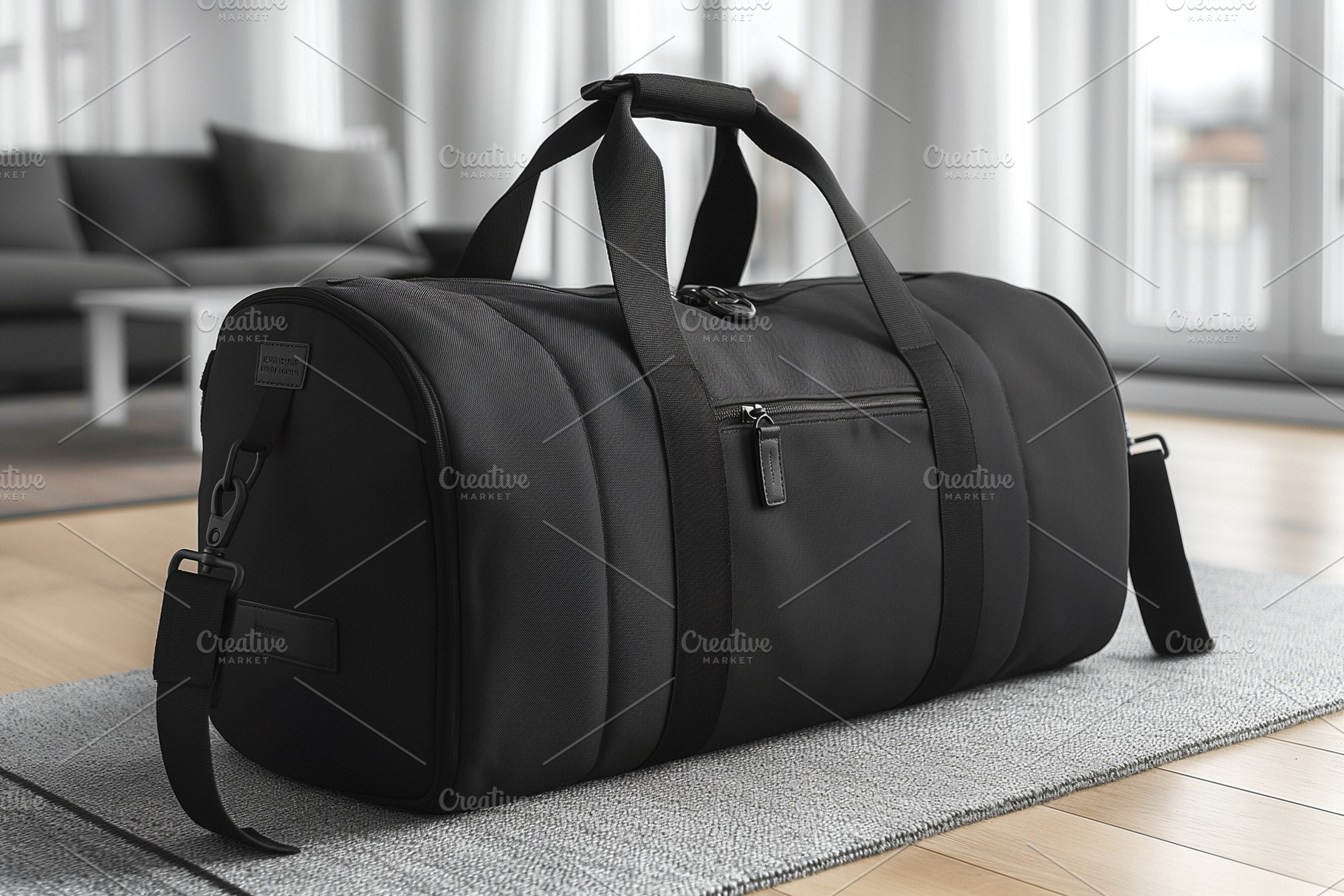 A sleek, black duffel bag resting on a soft gray rug in a modern living space,, a Business Photo by ImageMir