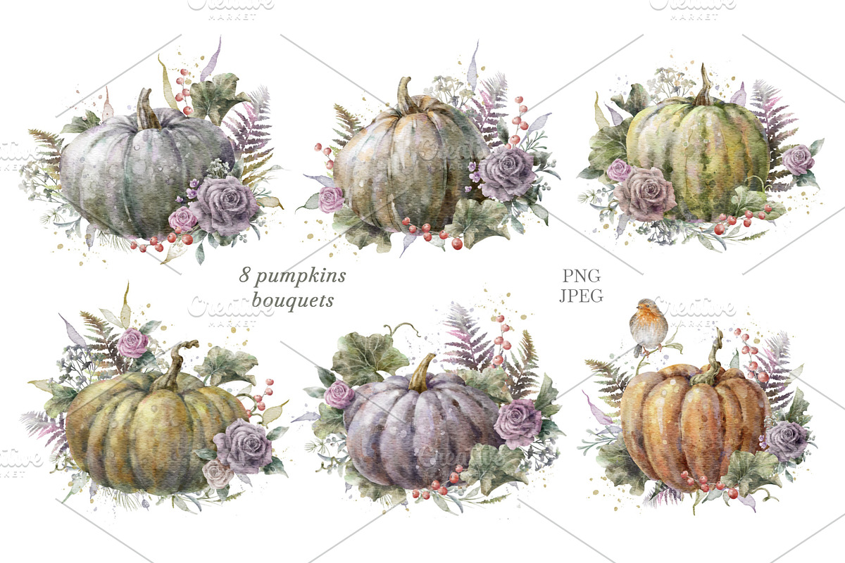 Watercolor Floral Pumpkin Clipart., a Decorative Illustration by VetaDesign (Photo 4 of 10)