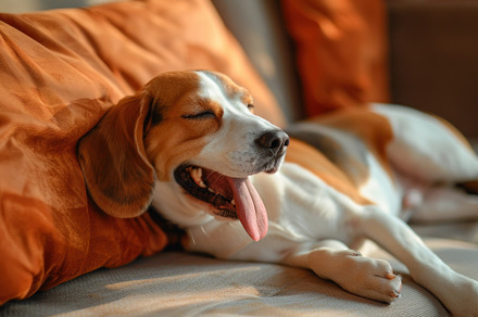 Cozy Beagle Enjoying a Relaxing Yawn on a Comfy Sofa - Generativ, an Animal Photo by José Manuel Gelpi