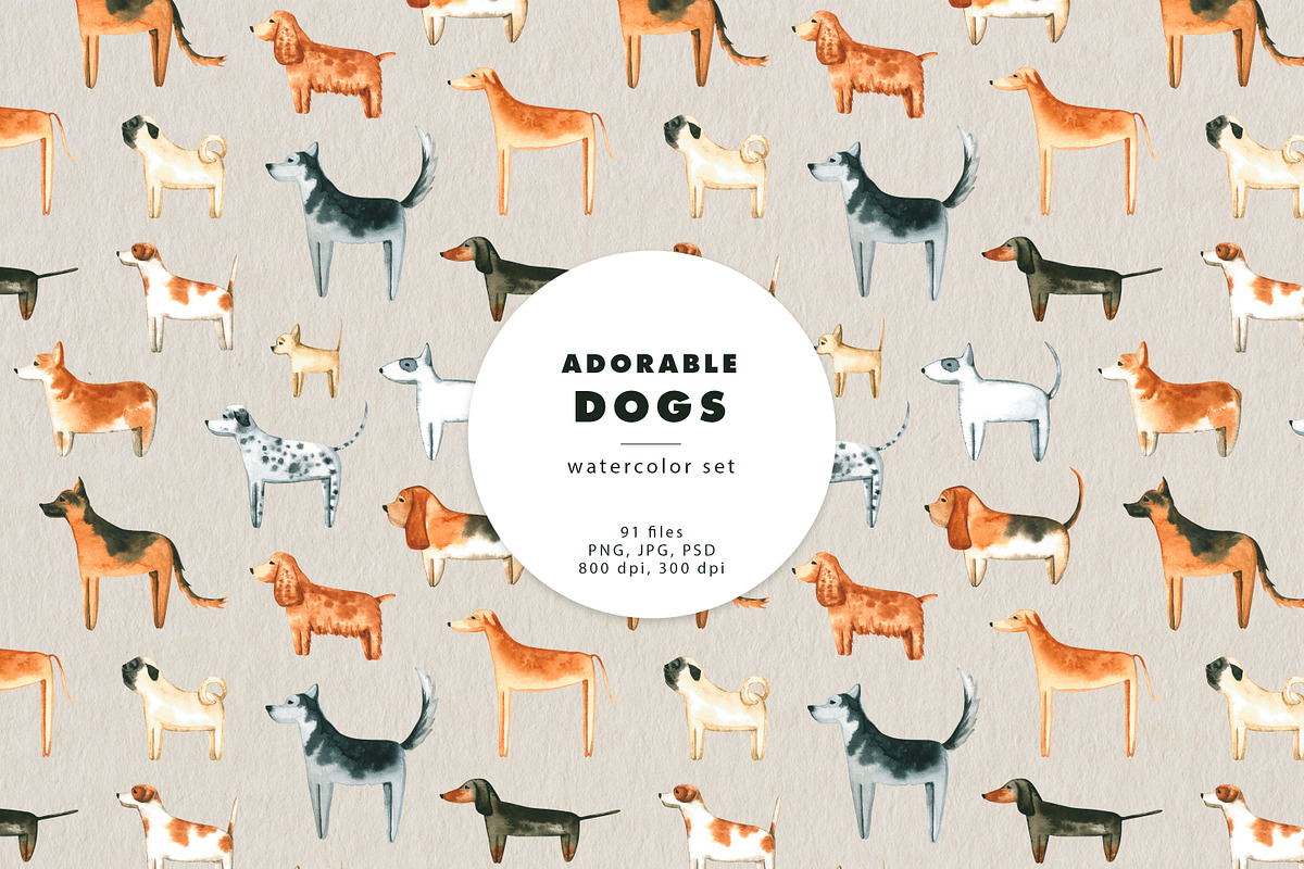 Adorable Dogs. Watercolor set., an Animal Illustration by Ola_Vola (Photo 1 of 8)