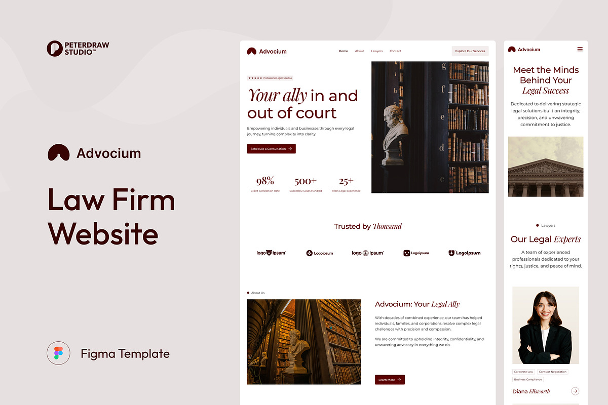 Advocium – Law Firm Website UI Figma, an UI Kit Template by peterdraw (Photo 1 of 7)