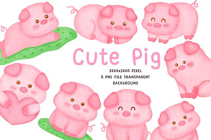 Cute Pig Watercolor Clipart Set, an Animal Illustration by Nattapohncha