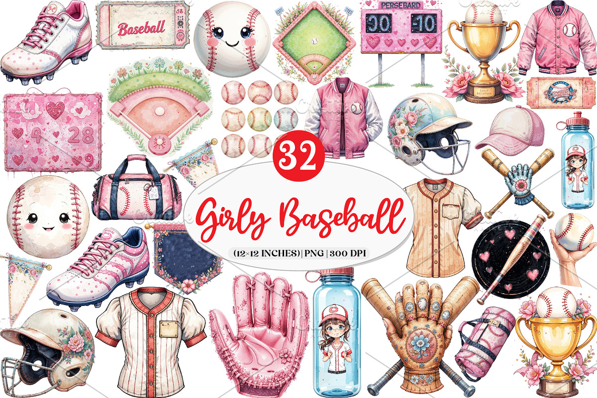 Retro Girly Baseball Clipart, an Illustration by Watercolor design (Photo 1 of 4)