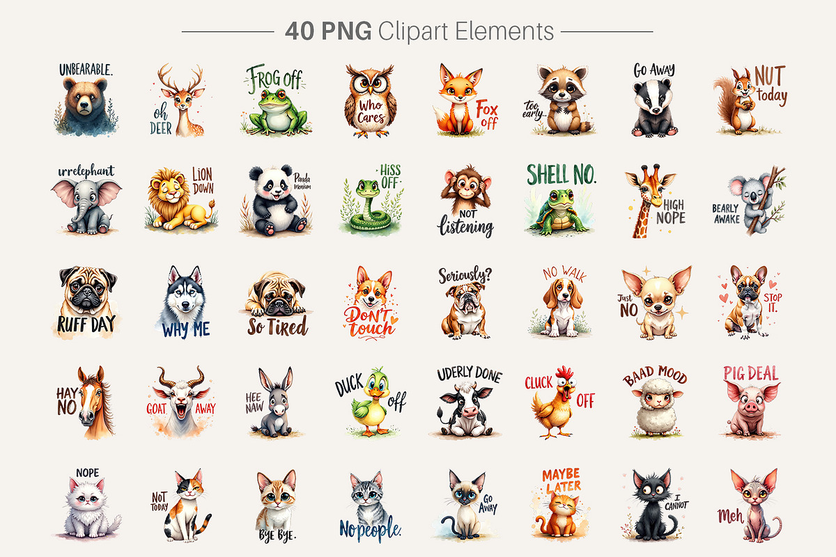 Grumpy Animal Watercolor Pun Clipart, an Illustration by Artnoy (Photo 2 of 8)