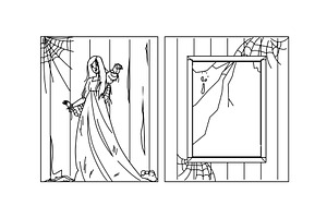 creepy haunted house woman vector, a Person Illustration by pikepicture