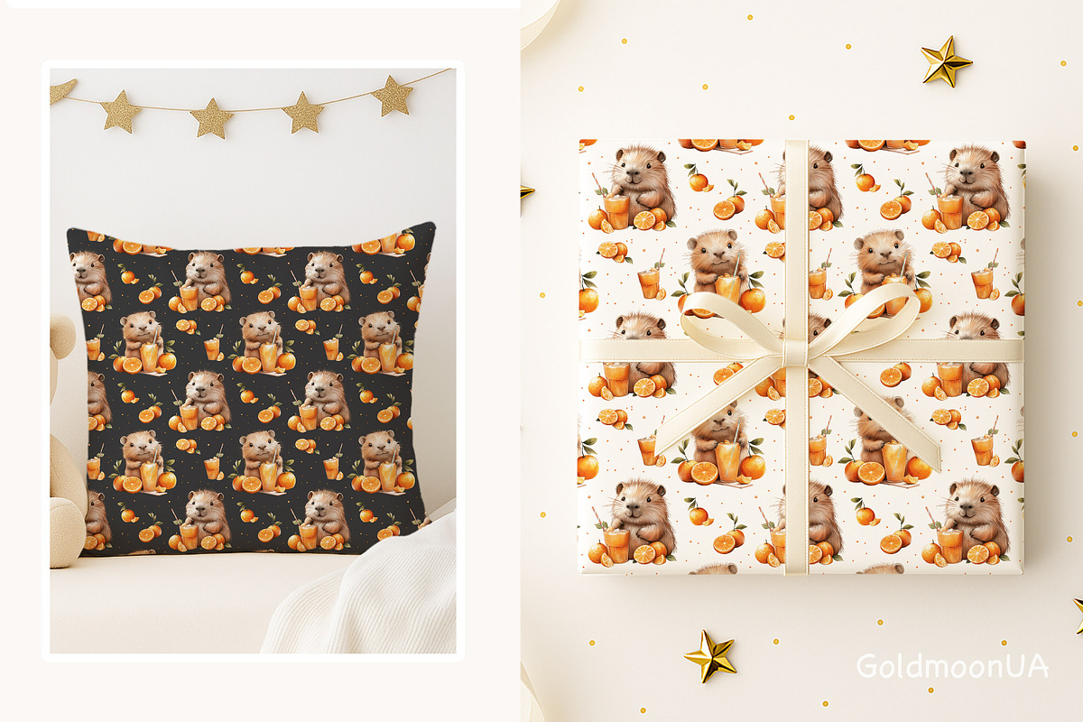 Capybara & Orange Pattern & Clipart, an Animal Illustration by GoldmoonUA (Photo 4 of 5)