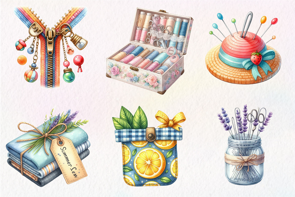 Watercolor Summer Sewing Clipart, an Illustration by CreationArt (Photo 2 of 5)