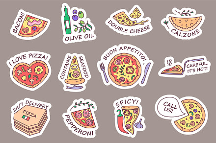 Doodle pizza stickers. Bacon
