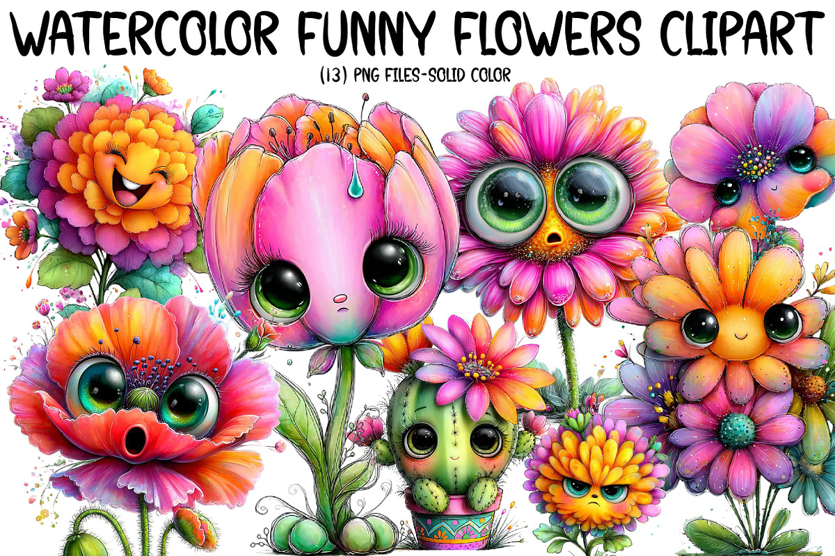 Watercolor Funny Flowers Clipart, an Illustration by Designworld (Photo 1 of 6)