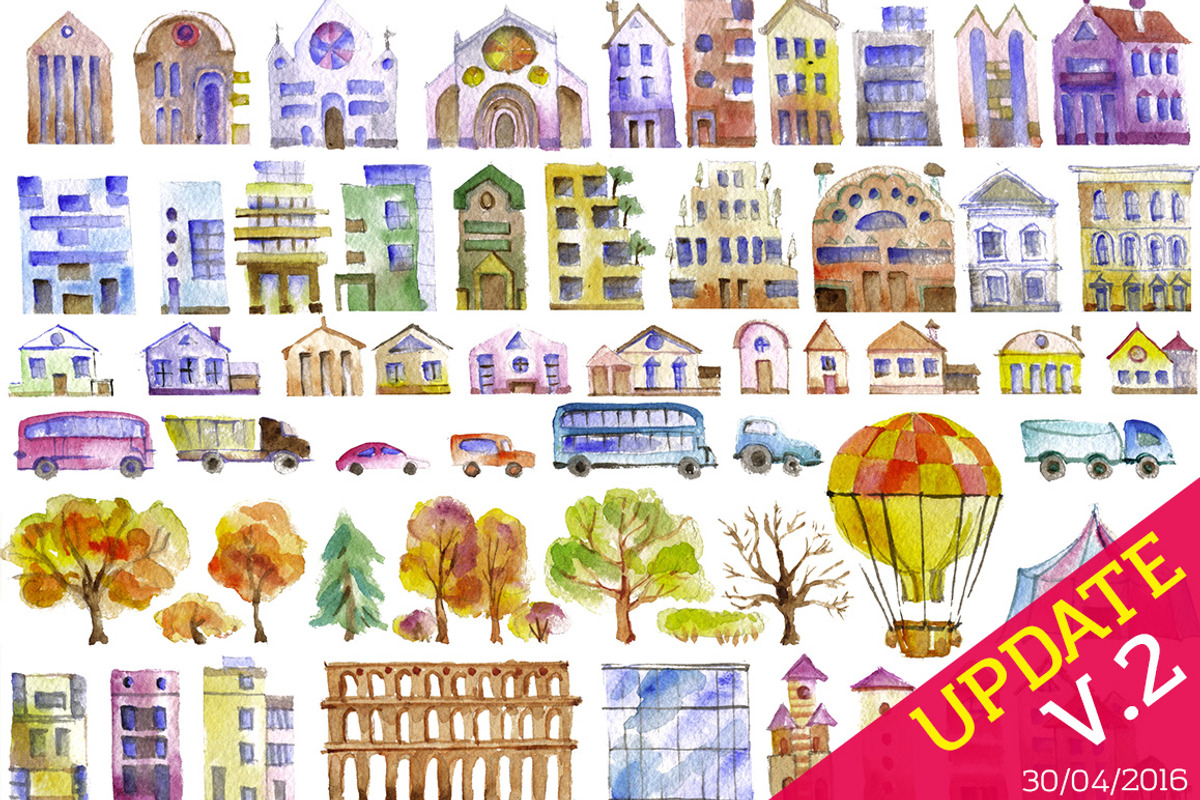 Watercolor set AQUA CITY Constructor, an Illustration by denisespinoza (Photo 3 of 4)