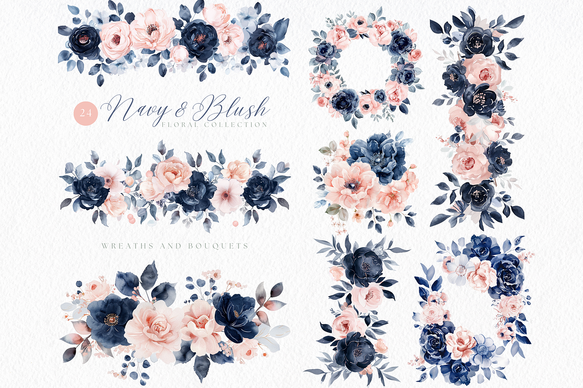 Navy and Blush Floral Clipart, a Decorative Illustration by ClipArtCharm (Photo 4 of 4)