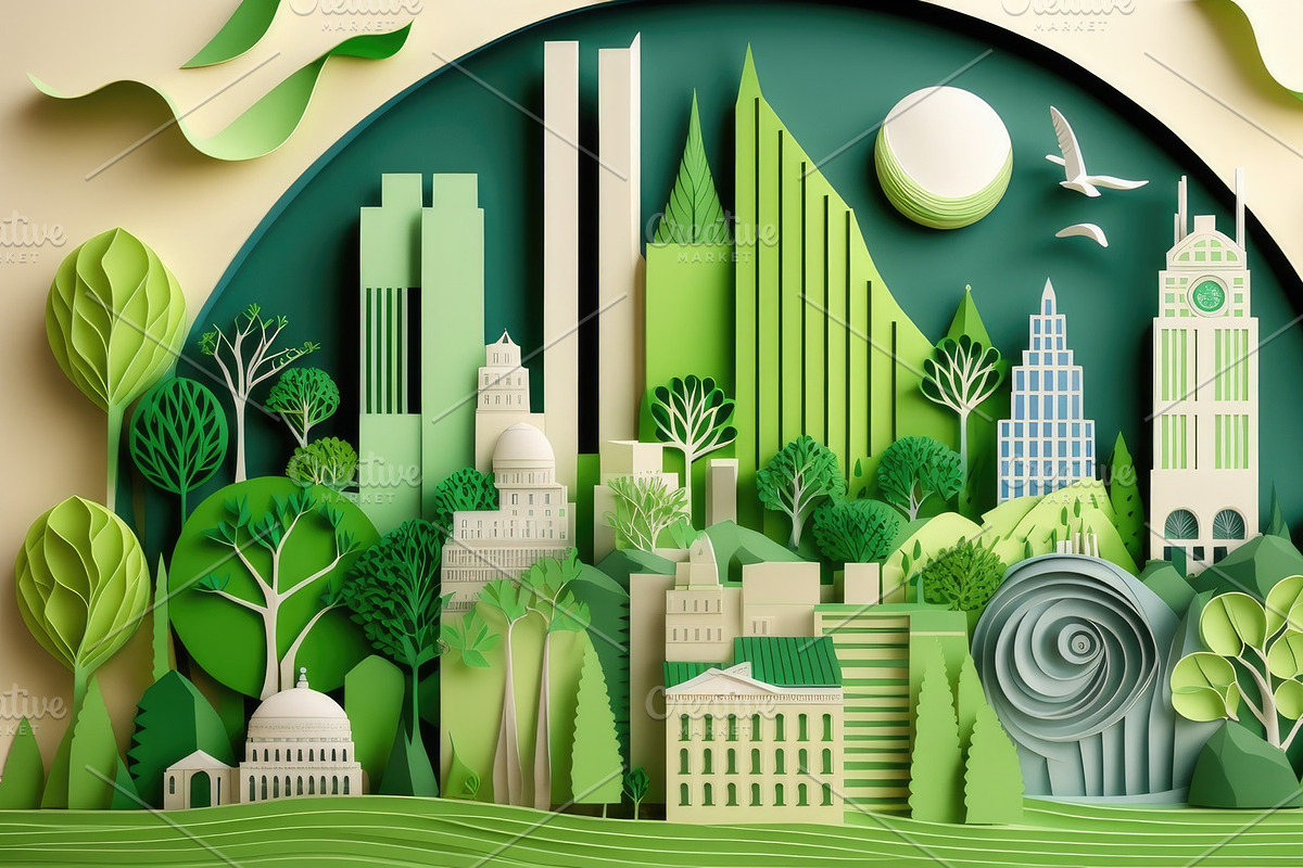 Green eco friendly city and urban forest landscape , Generative, an Illustration by WindWalker