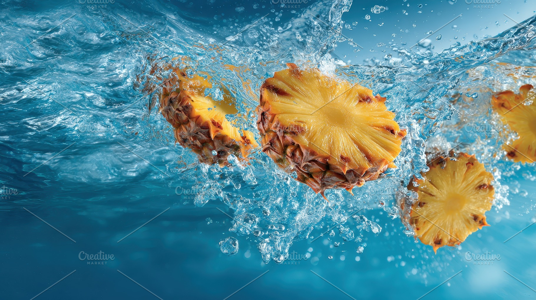 Pineapple slices splash into water, a Photo by Pavel_design