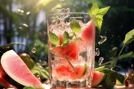 Fresh tropical cocktail with watermelon and ice with tropical trees and plants, a Food & Drink Photo by Natalia Klenova's Shop