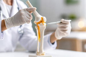 Doctor with human knee joint model, a Health & Medical Photo by 7DesignLab
