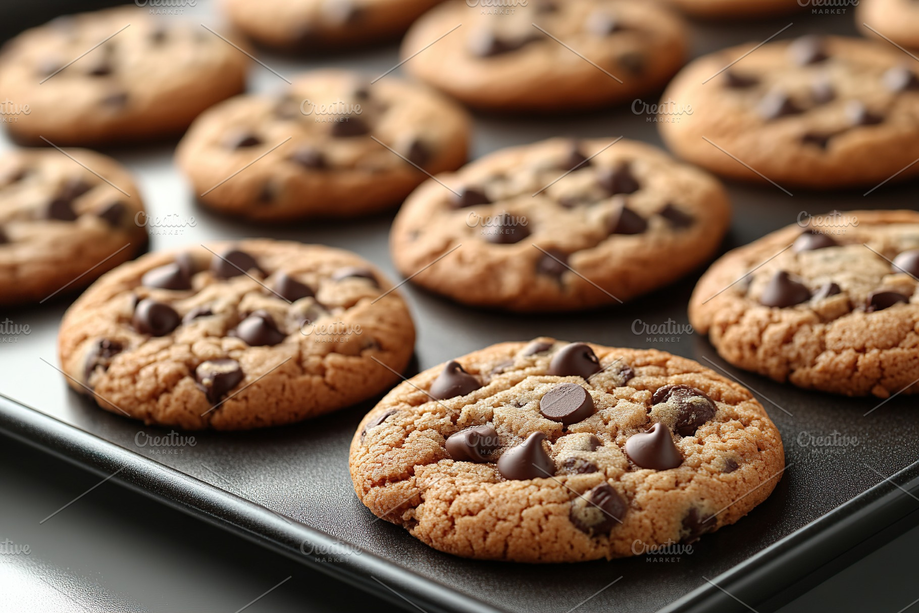 Warm chocolate chip cookies baking on a tray in a cozy kitchen, a Food & Drink Photo by AlyaAnd