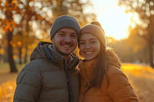 Beautiful young couple in a warm modern clothes in autumn park, a Photo by AlyaAnd