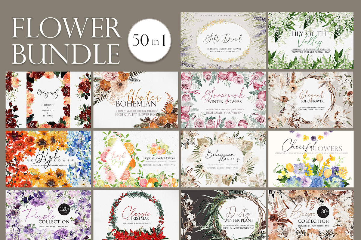 Watercolor Flower Bundle-50 in 1, an Illustration by Beigetime (Photo 2 of 10)