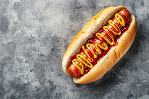 Hot dog with ketchup and mustard on grey background, a Food & Drink Photo by AlyaAnd