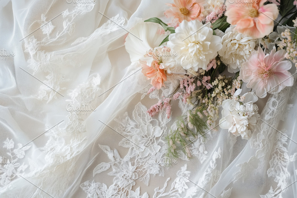 A delicate arrangement of soft white Tulle lace fabric adorned with pastel flow, a Texture Graphic by Textures & Backgrounds