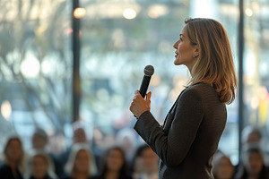 A politician in a suit addresses a gathering of people in a contemporary venue, a Photo by AlyaAnd