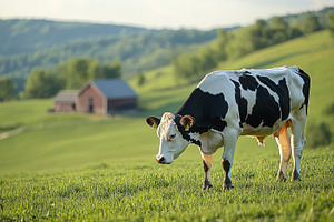 Black and white cow grazes in a lush, an Animal Photo by Pixeness Studio