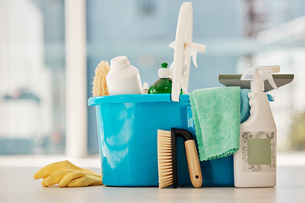 Cleaning, products and house service with container tools or chemical liquid cleaner in house, home interior. Service work, spring clean or housekeeping with plastic bottle, spray and brush in toilet, a Photo by Peopleimages.com
