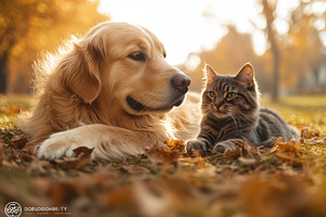 Golden retriever and tabby cat resti, a Photo by Tanuart