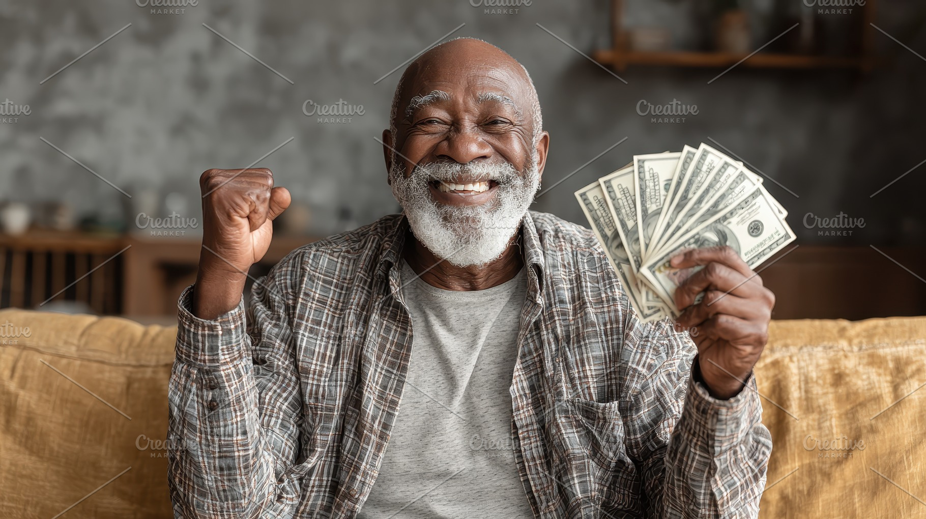 Happy senior man holding money celeb, an Abstract Photo by Pixeness Studio