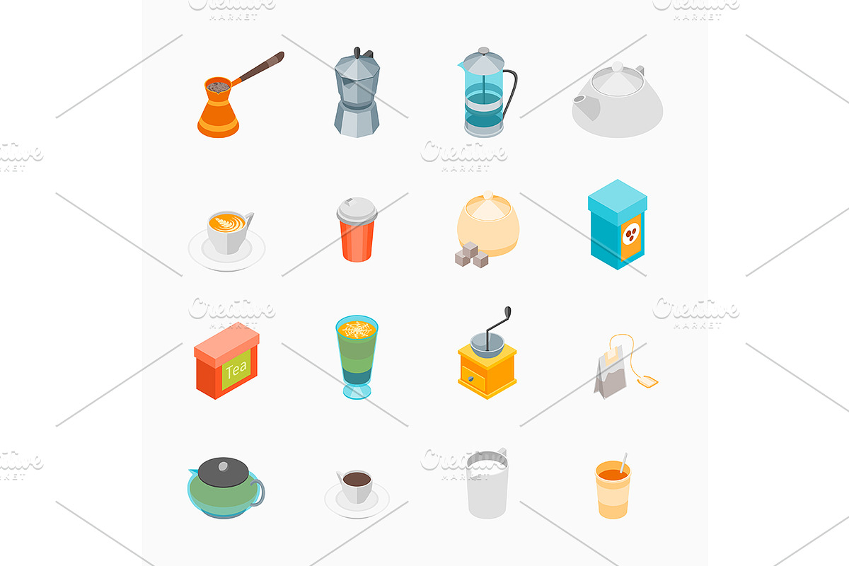 Tea and Coffee Set 3d Isometric, a Food Illustration by Bigmouse_art
