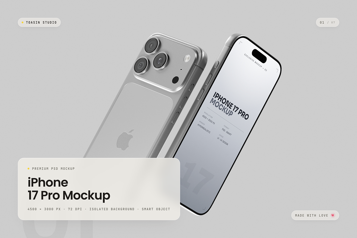 iPhone 17 Pro Mockup, an iPhone Mockup by Toasin Studio (Photo 1 of 7)