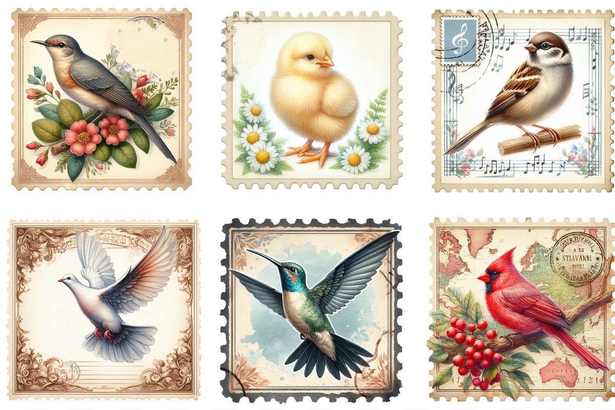 Junk Journal Bird Postage Stamp, an Illustration by Designking (Photo 3 of 4)